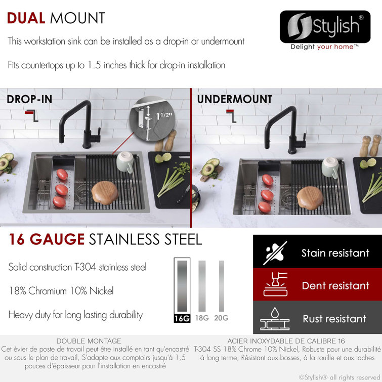 Stylish 27" Stainless Steel Single-Bowl Drop-In Workstation Sink