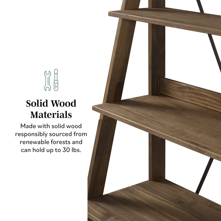 Pine Wood 68'' Brown Ladder Bookshelf with Metal X Design