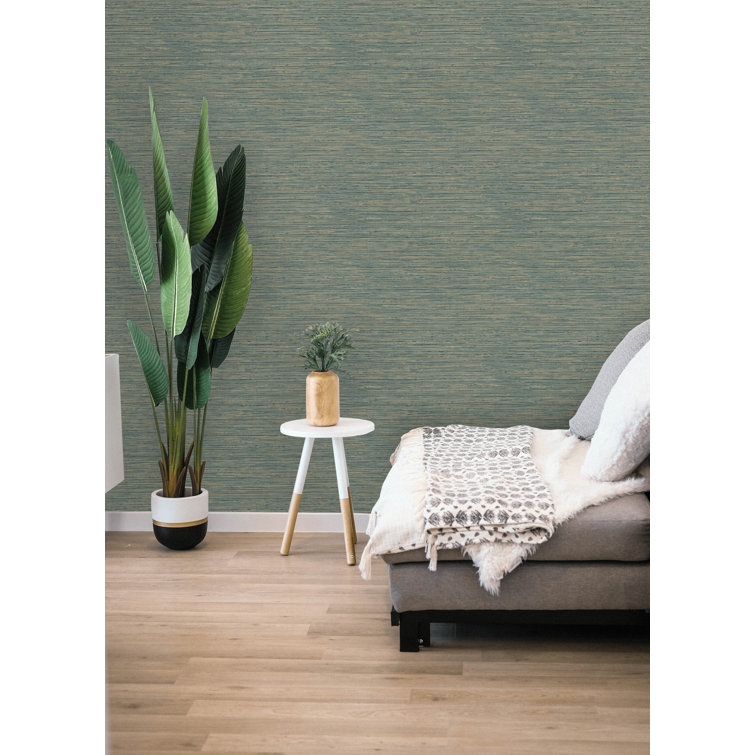 Teal and Gold Embossed Grasscloth Peel and Stick Wallpaper Roll