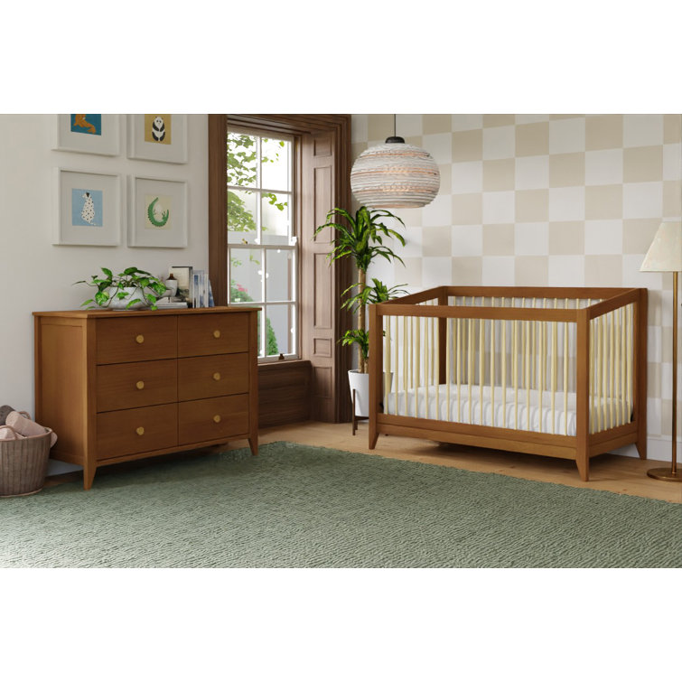 Chestnut and Natural Mid-Century Modern Convertible Crib