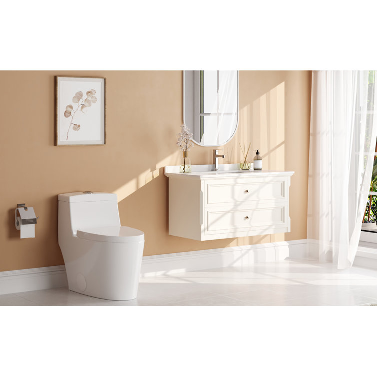 White and Gold Dual-Flush Elongated One-Piece Toilet