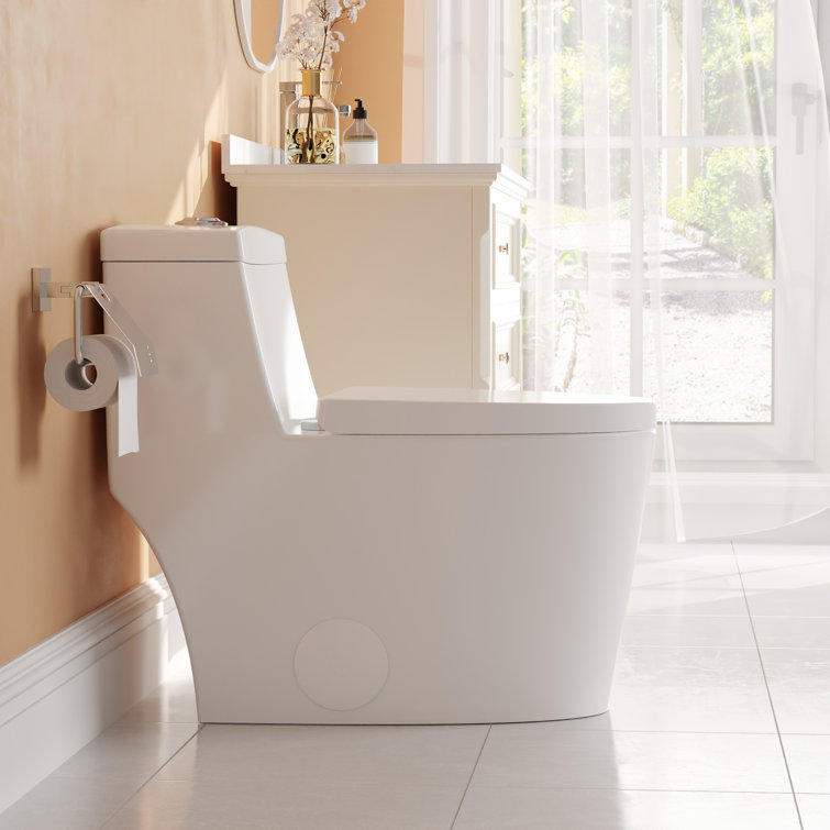 White and Gold Dual-Flush Elongated One-Piece Toilet