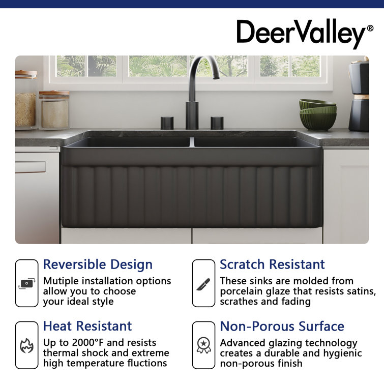 Matte Black 33" Fireclay Double Bowl Farmhouse Sink