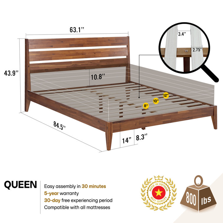 Walnut Queen Solid Wood Platform Bed with Headboard