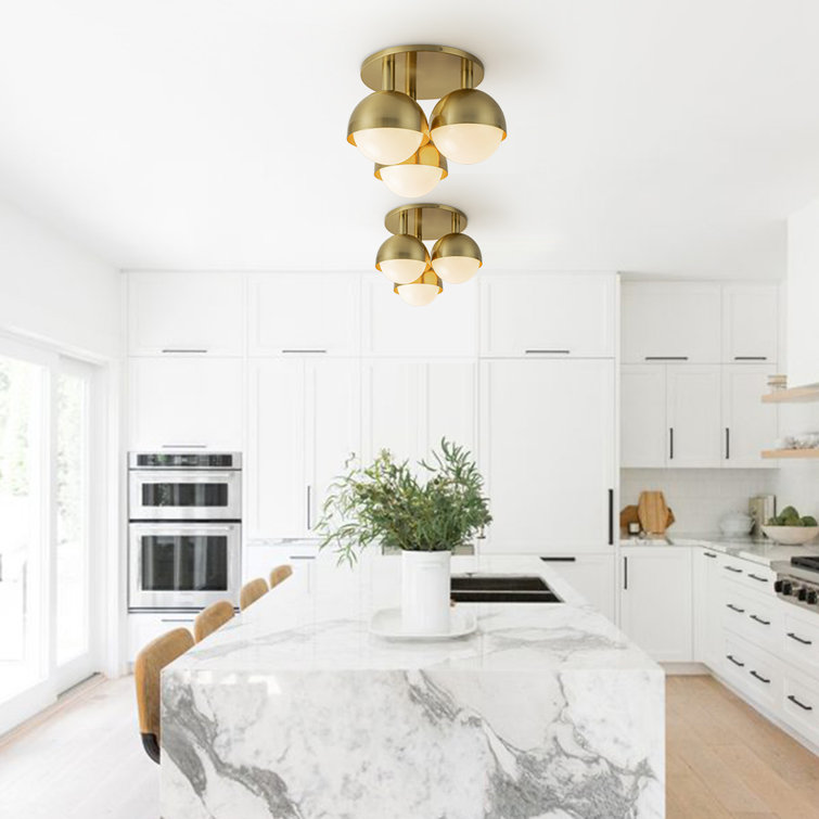 Brass 3-Light Opal Glass Globe Semi Flush Mount