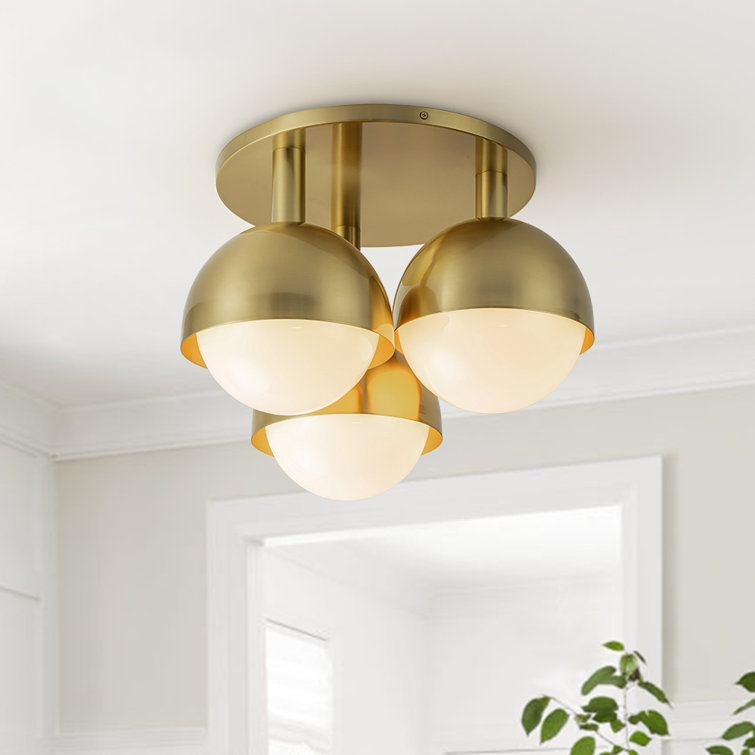 Brass 3-Light Opal Glass Globe Semi Flush Mount