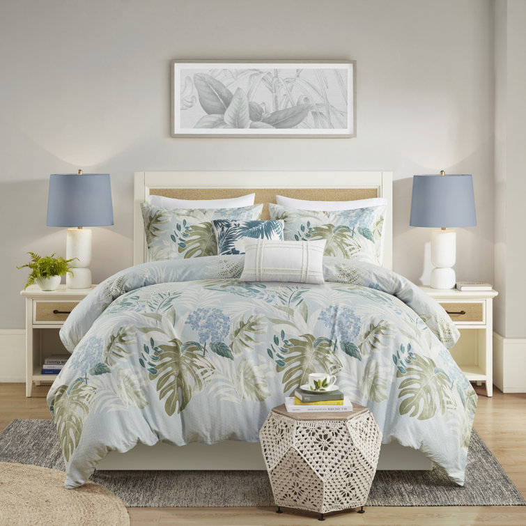 Blue Tropical Cotton 5-Piece Full/Queen Duvet Cover Set