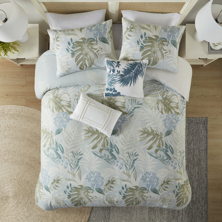 Blue Tropical Cotton 5-Piece Full/Queen Duvet Cover Set