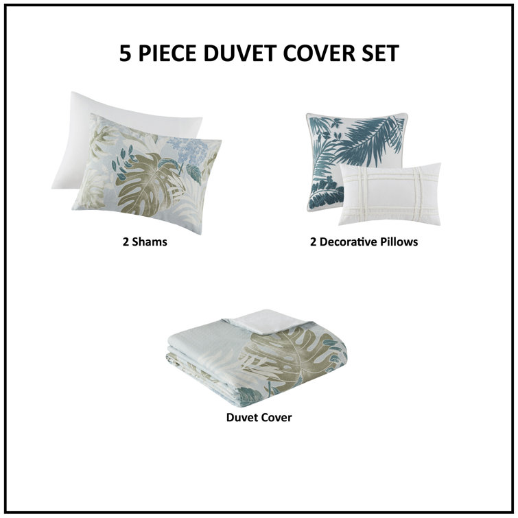 Blue Tropical Cotton 5-Piece Full/Queen Duvet Cover Set