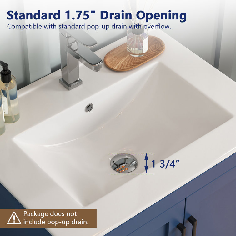 24" White Ceramic Rectangular Single Bathroom Vanity Top with Sink