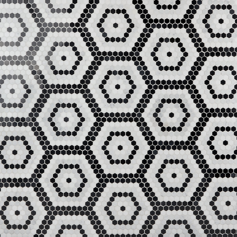 Hyperion Black and White Hexagon Marble Mosaic Tile Sheet