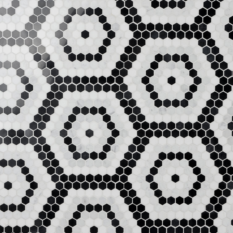 Hyperion Black and White Hexagon Marble Mosaic Tile Sheet