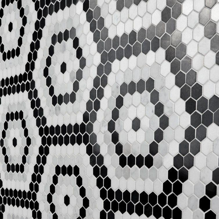 Hyperion Black and White Hexagon Marble Mosaic Tile Sheet