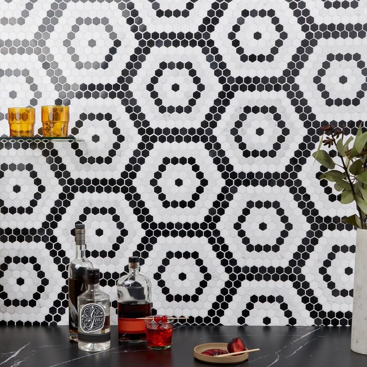 Hyperion Black and White Hexagon Marble Mosaic Tile Sheet
