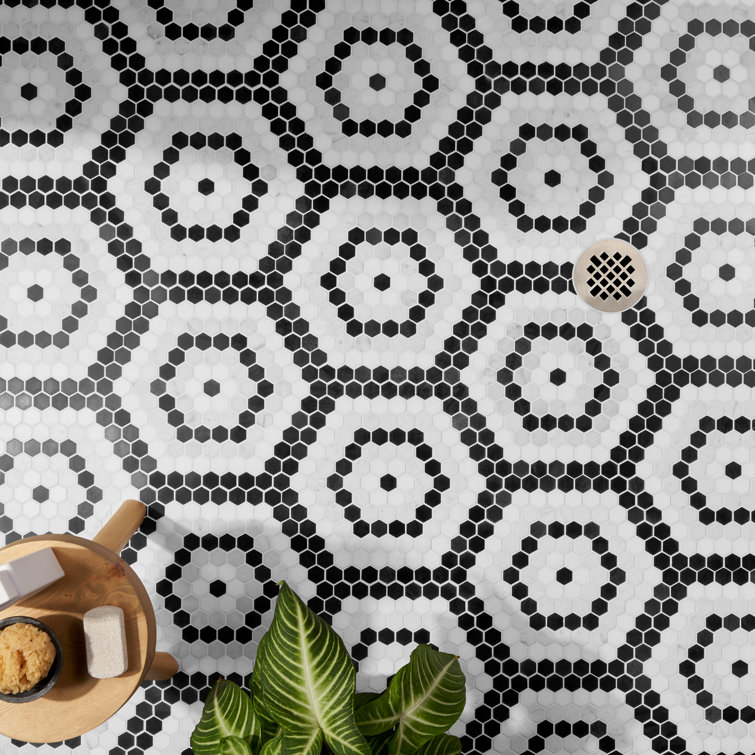 Hyperion Black and White Hexagon Marble Mosaic Tile Sheet