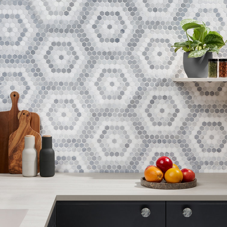 Gray and White Polished Marble Hexagon Mosaic Tile Sheet
