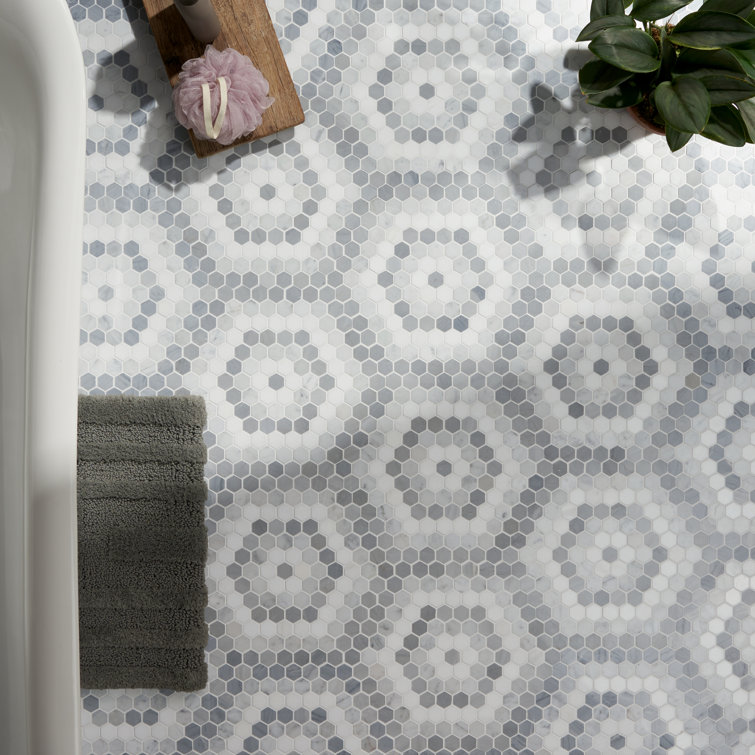 Gray and White Polished Marble Hexagon Mosaic Tile Sheet