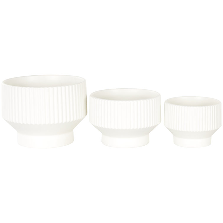 White Ribbed Ceramic 3-Piece Round Planter Set