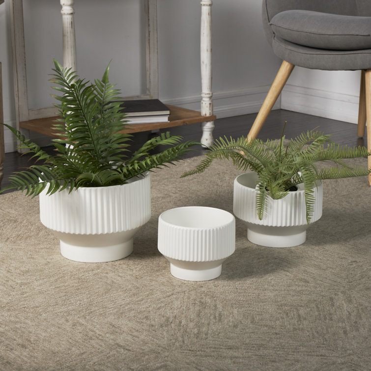 White Ribbed Ceramic 3-Piece Round Planter Set