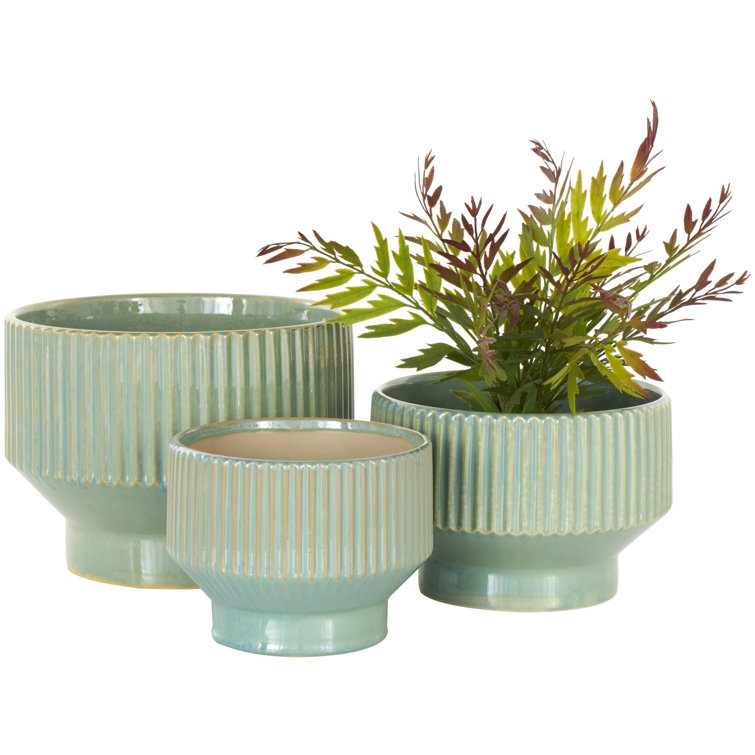 Green Ceramic Round Planter Set of 3