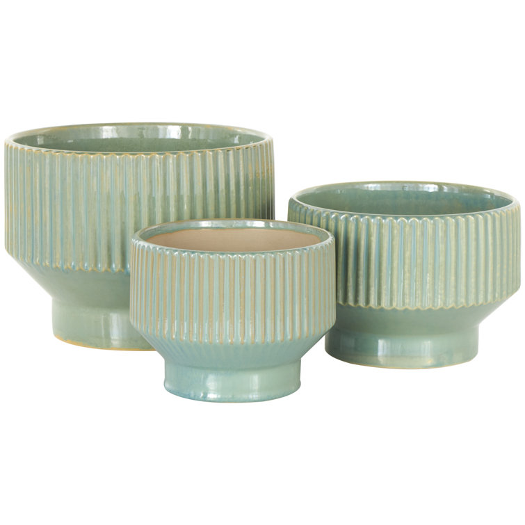 Green Ceramic Round Planter Set of 3