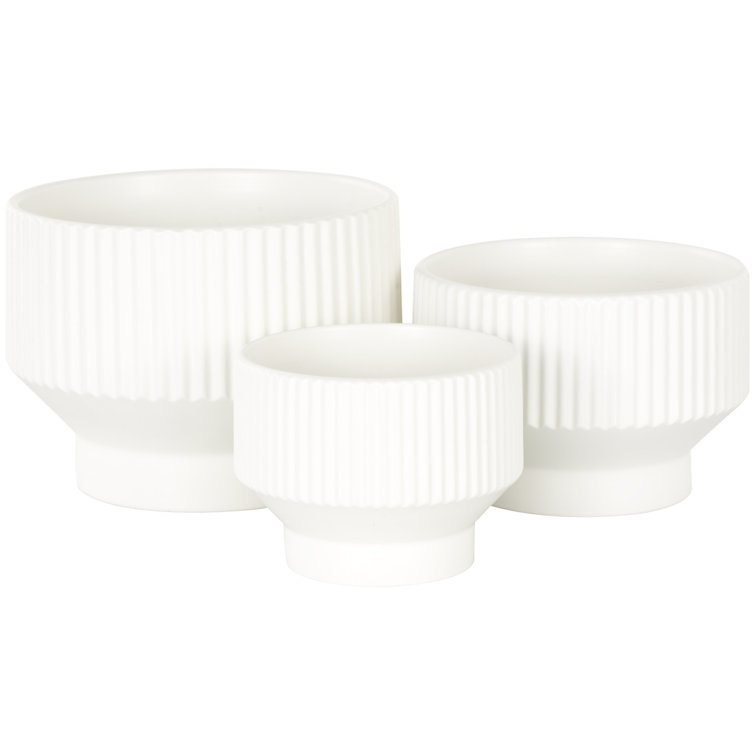 White Ribbed Ceramic 3-Piece Round Planter Set