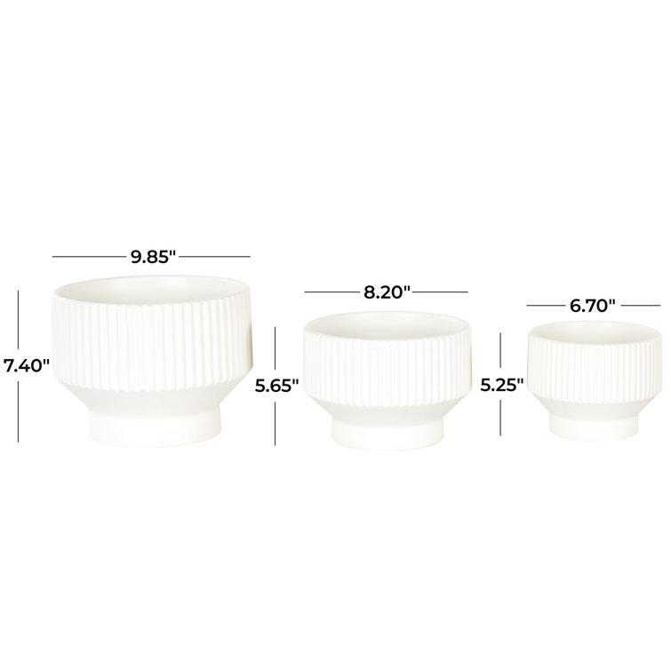 White Ribbed Ceramic 3-Piece Round Planter Set