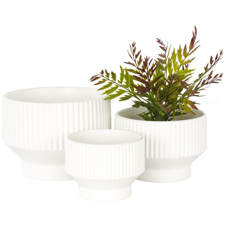 White Ribbed Ceramic 3-Piece Round Planter Set
