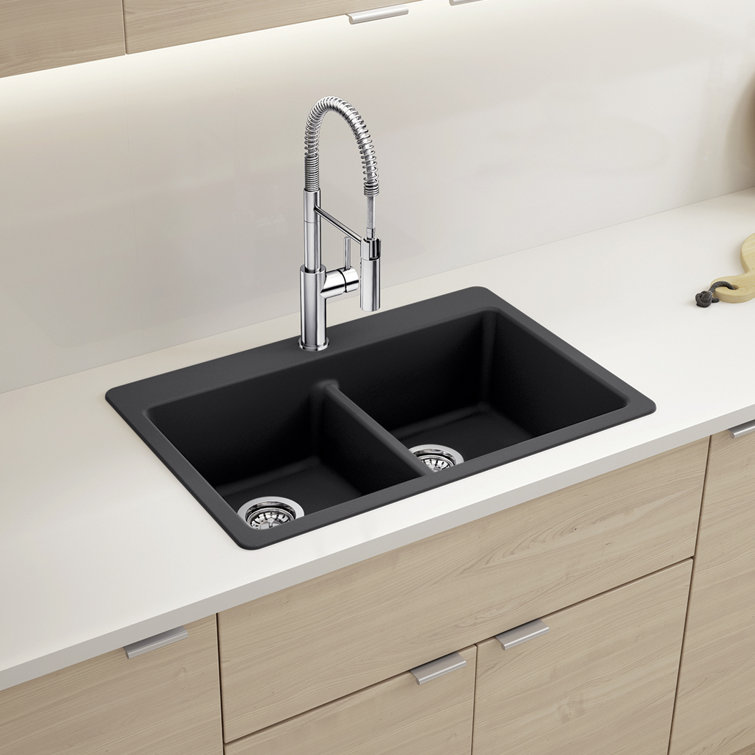 Liven 33" White Stone Double Bowl Drop-In Kitchen Sink