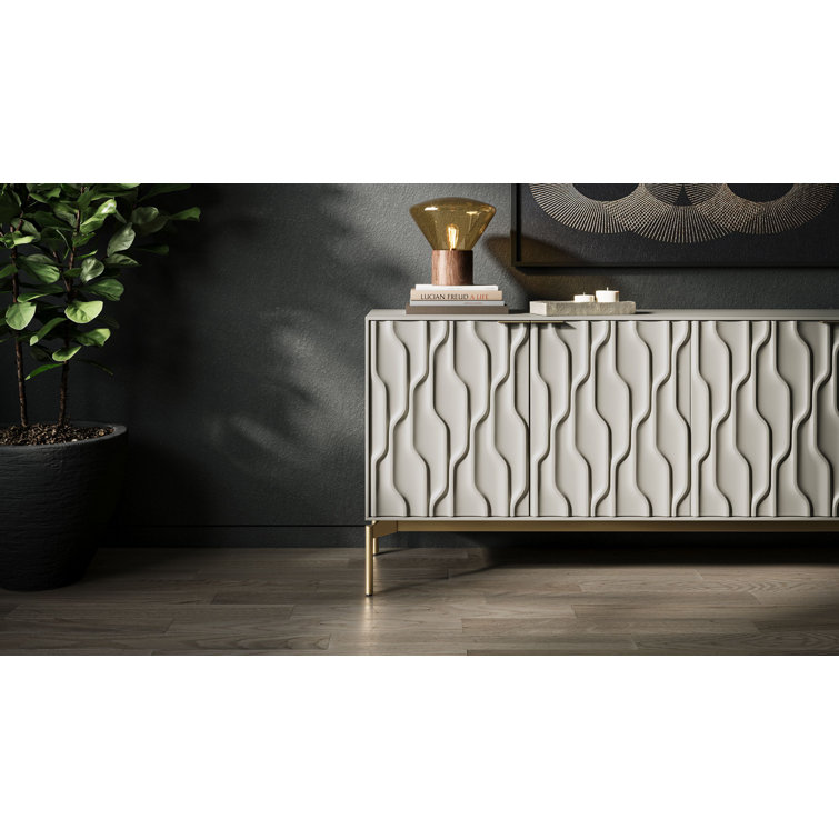 Stone and Brushed Brass MDF Sideboard with Tempered Glass Shelves