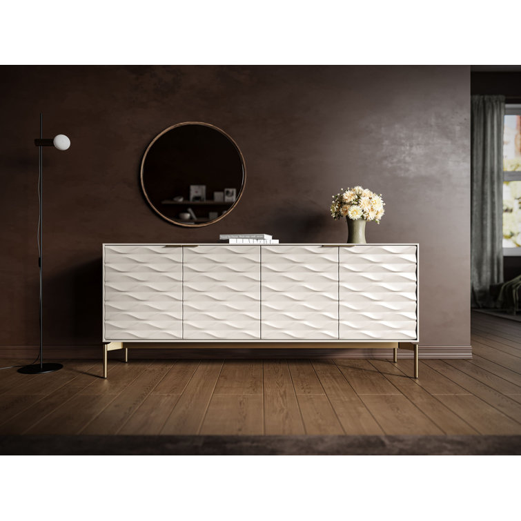 Stone and Brushed Brass 80'' MDF and Glass Sideboard
