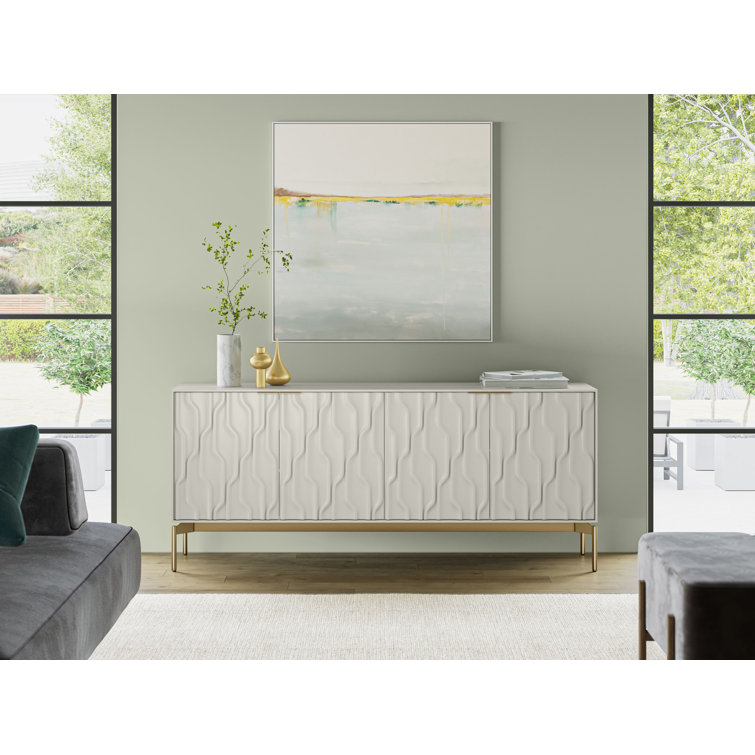 Stone and Brushed Brass MDF Sideboard with Tempered Glass Shelves