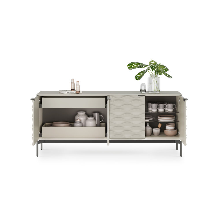 Stone and Brushed Carbon MDF Sideboard with Clear Glass Shelves