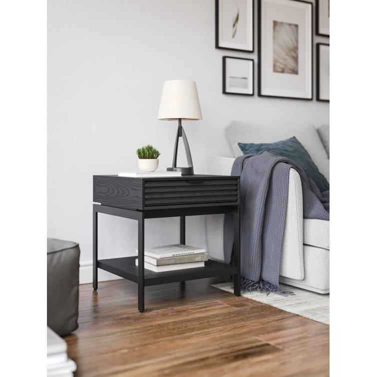 Ebonized Ash Round Wood and Metal End Table with Storage