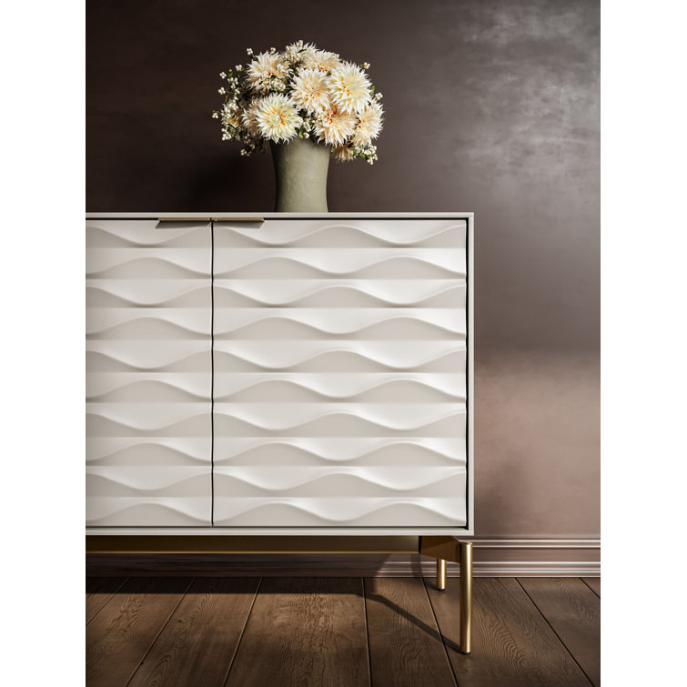 Stone and Brushed Brass 80'' MDF and Glass Sideboard