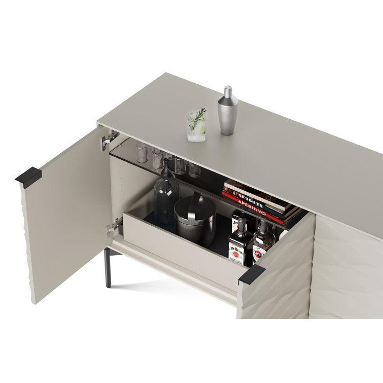 Stone and Brushed Carbon MDF Sideboard with Clear Glass Shelves