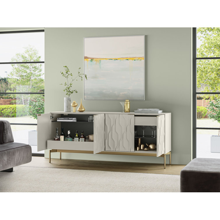 Stone and Brushed Brass MDF Sideboard with Tempered Glass Shelves