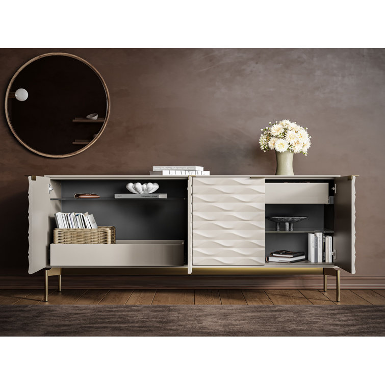 Stone and Brushed Brass 80'' MDF and Glass Sideboard