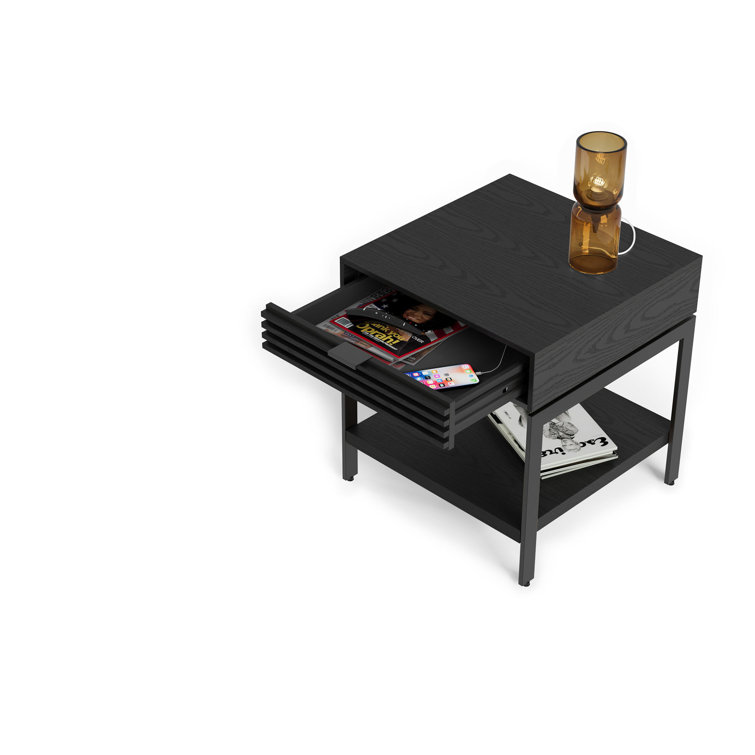 Ebonized Ash Round Wood and Metal End Table with Storage