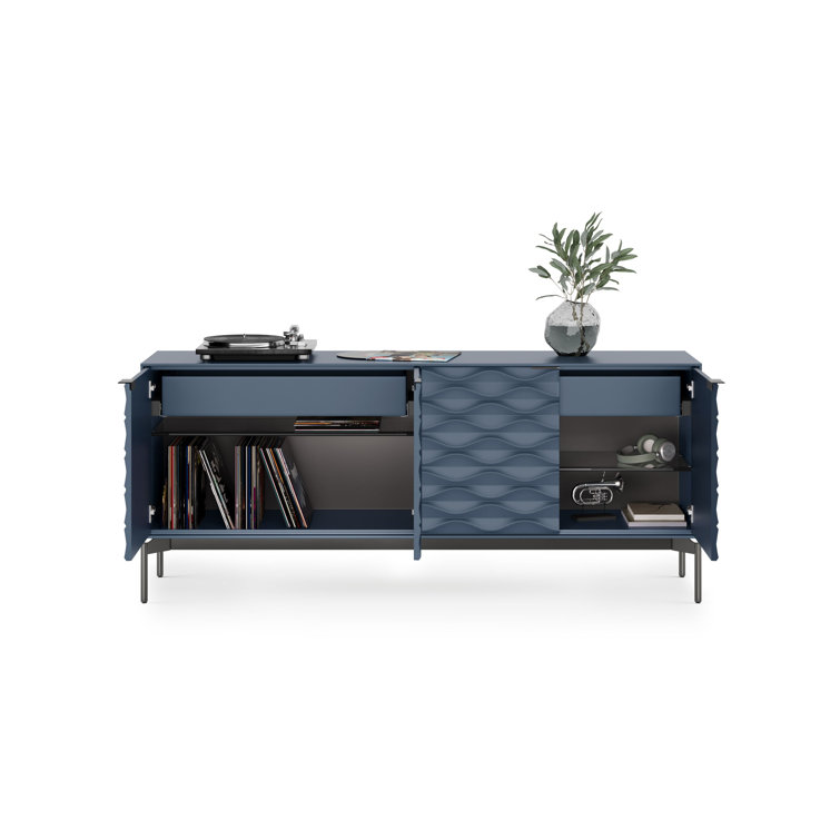 Ocean Blue MDF and Steel Sideboard with Clear Glass Shelves