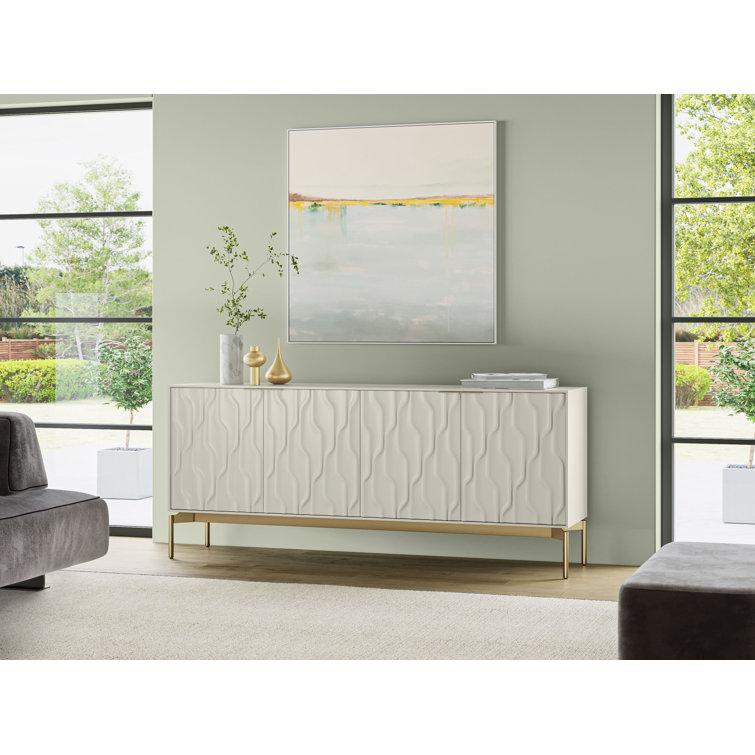 Stone and Brushed Brass MDF Sideboard with Tempered Glass Shelves
