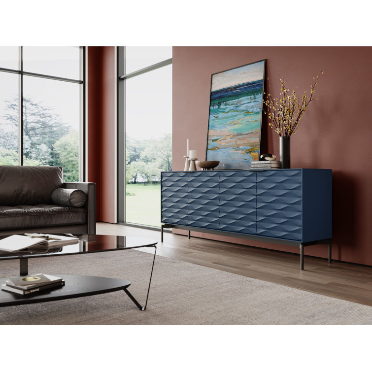Ocean Blue MDF and Steel Sideboard with Clear Glass Shelves