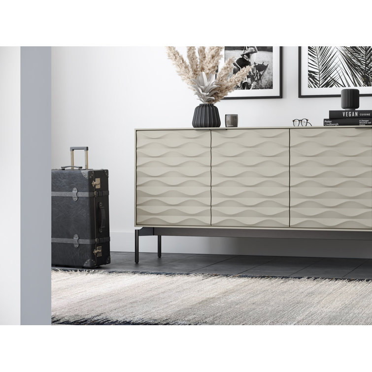 Stone and Brushed Carbon MDF Sideboard with Clear Glass Shelves