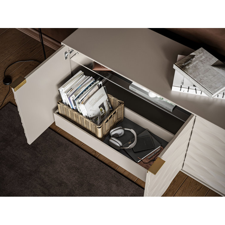 Stone and Brushed Brass 80'' MDF and Glass Sideboard