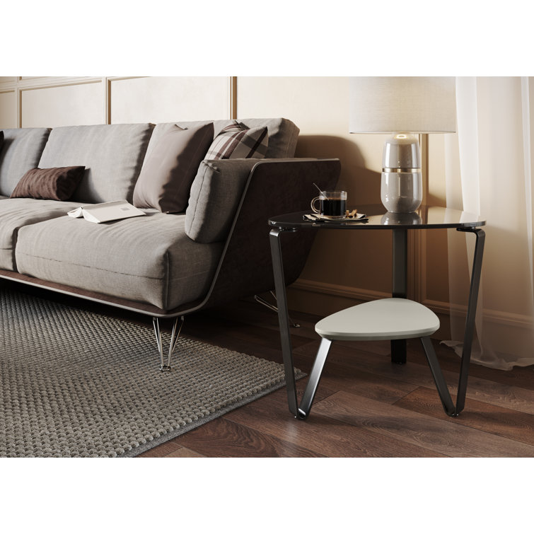 Triangular Grey Glass Top End Table with Stone Shelf