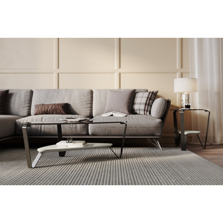 Triangular Grey Tempered Glass Coffee Table with Storage Shelf