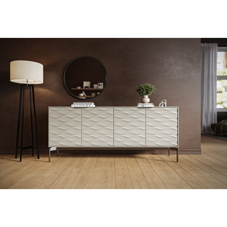 Stone and Brushed Carbon MDF Sideboard with Clear Glass Shelves