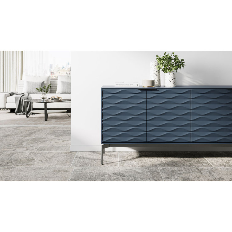 Ocean Blue MDF and Steel Sideboard with Clear Glass Shelves