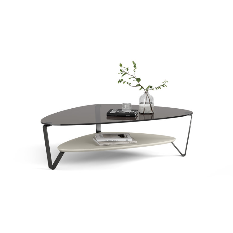 Triangular Grey Tempered Glass Coffee Table with Storage Shelf