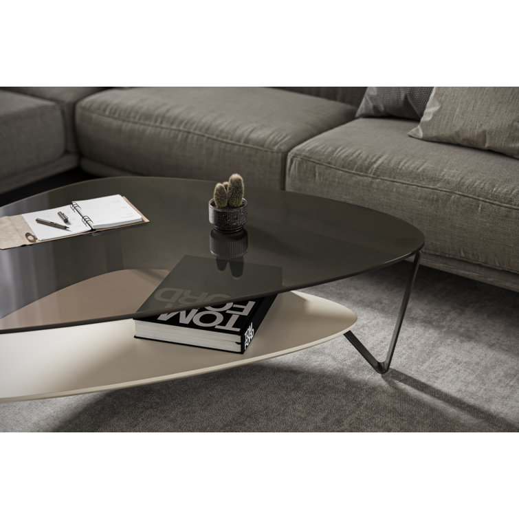 Triangular Grey Tempered Glass Coffee Table with Storage Shelf
